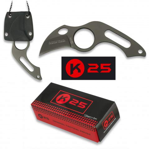 Cuchillo K25 con funda incluida KYDEX 4 cm para Caza, Pesca, Camping, Outdoor, Supervivencia y Bushcraft K25 31849 + Portabotellas de regalo