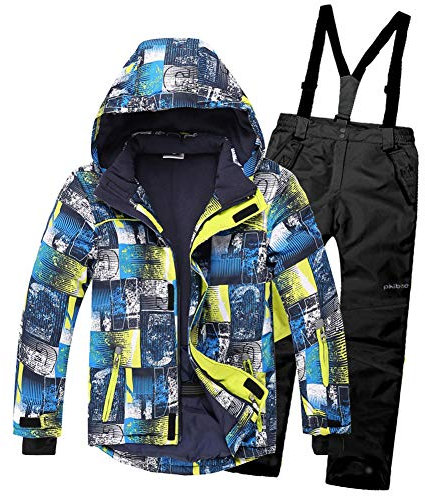 LPATTERN Kinder Jungen/Mädchen Skifahren Bekleidung 2 Teilig Schneeanzug Skianzug(Skijacke+ Skihose), Blau Gelb Jacke+ Schwarz Trägerhose, 146/152