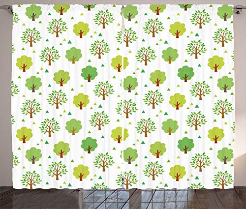 ABAKUHAUS Botanical Curtains, Image of Trees with Leaves in Summer Season on Plain Background, Living Room Bedroom Window Drapes 2 Panel Set, 102 L X 110 W, White Apple Green Caramel