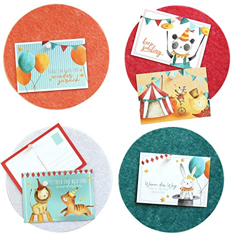 Papierdrachen 4 pizarras con 6 tarjetas postales – Decoración infantil de fieltro para colgar – Decoración de pared autoadhesiva incluye 12 pines – frases motivacionales – circo – Set de 3