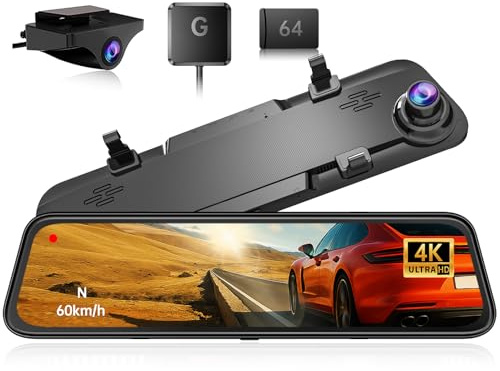 JOMISE 4K 12 Rear View Mirror Camera, 2160P Full HD Rearview Mirror, Mirror Dash Cam Front and Rear, Waterproof Backup WDR Camera, Night Vision, Parking Assist, Speed Alert, 64GB Card Included- K17