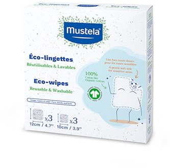 Mustela Reusable & Washable Baby Eco-Wipes - 100% Organic GOTS Certified Cotton Pads for Quick Cleanups or Makeup Removal - 6 counts (3 Large & 3 Small)