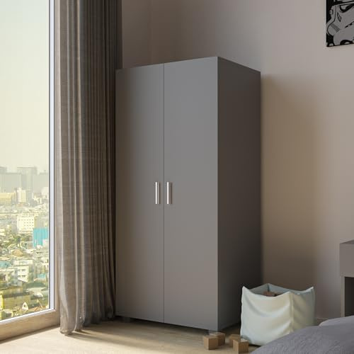 URBNLIVING Orlando Wooden 2 Door Kids Wardrobe Bedroom Storage Hanging Bar Clothes (Grey)