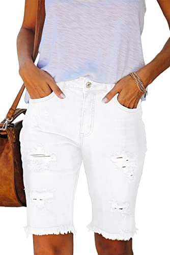 Ancapelion Women's Casual Denim Shorts Mid Waist Bermuda Jeans Shorts Raw Hem Ripped Hole Jeans with Pockets White L