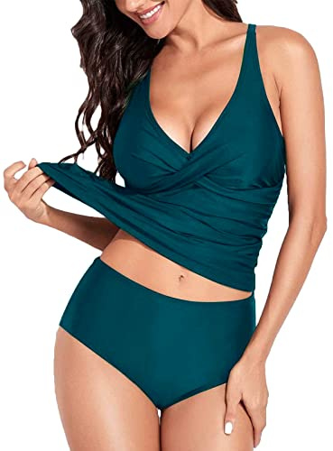 Yutdeng Tankini Donna Mare in 2 Pezzi Curvy Costume da Bagno Donna con Slip Scollo a V Push Up Bikini Top con Vita Medio-Alta Boyshort Beachwear Removable Reggiseno Imbottitoda Swimsuit Mare,Blu,S