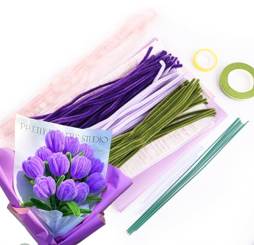 Bouquet de tulipes - Kit de cure-pipes pour le bricolage - Kit de nettoyage de pipes - Fil chenille - Bouquet de tulipes - Fleurs violettes avec bouquet de fleurs en papier pour la décoration