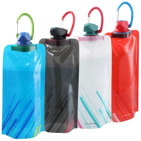 Wisebom Foldable Water Bottle Pack of 4, Collapsible Water Bag with Carabiner Clip 700 ml Flexible Reusable BPA Free Water Bottles Ideal for Hiking Adventures Traveling Outdoor Sports