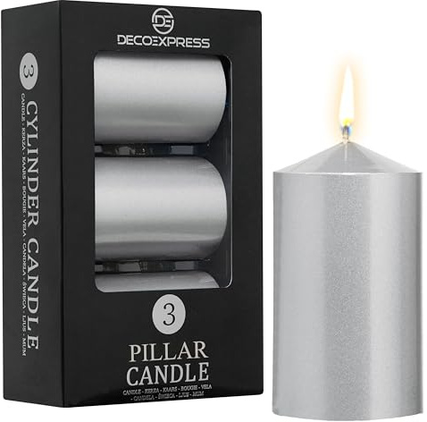 DECO EXPRESS pelarljus paket med 3 långvariga 30 timmars bränntid oparfymerad dekorativa rustika metalliska färger (metalliskt silver – 3-pack)