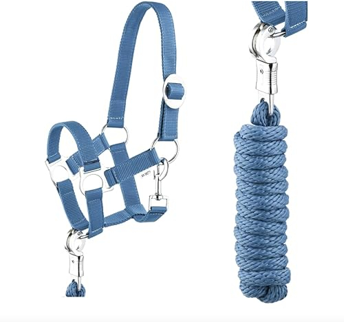 Halfter Führstrick Set mit Panikhaken verstellbar Pferdehalfter Pferd Holzpferd Anbindestrick (Panikhaken Blau, Mini Shetty)
