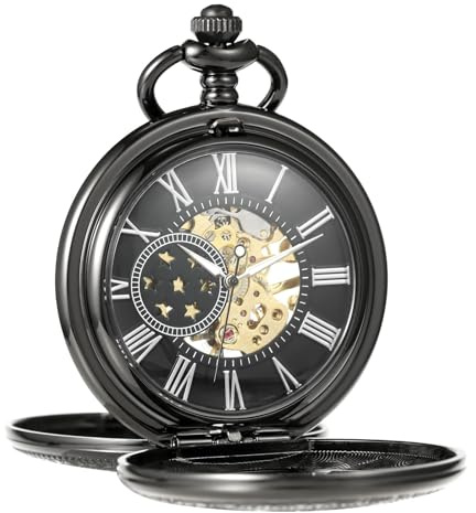 TREEWETO fickur män med kedja retro växellåda design dubbellock antik mekanisk kedjeklocka romerska siffror för pappa morfar födelsedag årsdag