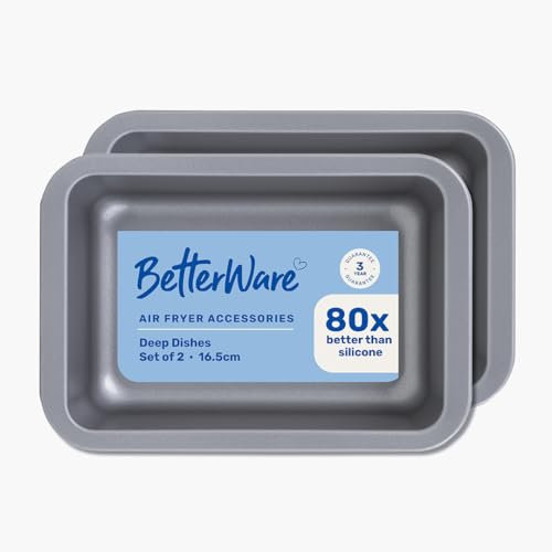 BetterWare Air Fryer Accessories Set of 2 x 16.5cm Rectangular Dishes | Non-Stick Low Carbon Steel | Dishwasher & Freezer Safe | Compatible with Most Air Fryers | Ideal for Cooking, Roasting & Baking