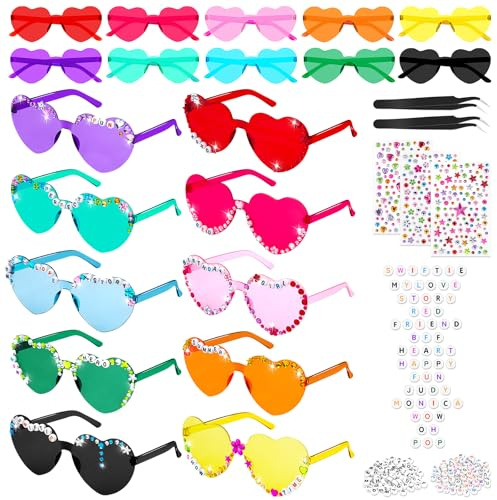SelfTek 10 Pcs Heart Glasses, Rimless Heart Sunglasses DIY Colorful Friendship Glasses with Letter Beads and Rhinestones Party Favor for Birthday Hen Party
