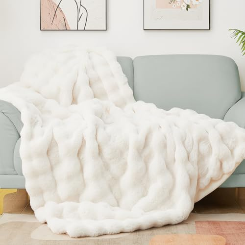 Latepis Beige Twin Bubble Cozy Faux Fur Blankets for Bed Thick Fuzzy Blanket for Couch Sofa Bedroom Warm Plush Blankets for All Seasons Luxury Throw Blanket 152 * 203cm, 860gsm