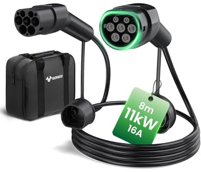 GONEO Type 2 Elbilsladdkabel 11kW 8M med Förvaringsväska(Svart), 16A/Trefas/Läge 3/IP54 Vattenskyddad, Type 2/CCS2 Elbilsladdkabel För De Flesta Elbilar Och Laddhybrider (EV/PHEV)