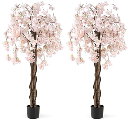 Goplus 5.5FT Artificial Cherry Blossom Tree, 2 Pack White Fake Flower Tree, Faux Floral Plant Blooming Tree in Nursery Pot, Tall Potted Artificial Tree for Indoor Home Office Porch Decoration
