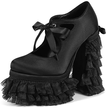 Veelau Meieer Lolita Escarpins à plateforme pour femme en satin avec talon à volants et nœud, Noir , 44 EU