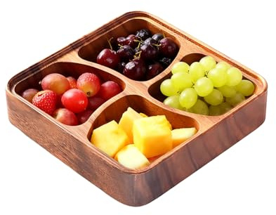 Qoukonao Cuenco para aperitivos dividido - Bandeja organizadora segura dividida en 4 compartimentos, cuenco para aperitivos para nueces de madera, para hombres y mujeres, frutos secos y frutos secos