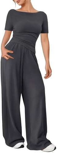 YKDLLF Pigiama da donna a maniche corte collo rotondo, due pezzi, vestibilità comoda, morbido, per casa o in viaggio Pantaloni Lunghi con Tasche Comodo Casual