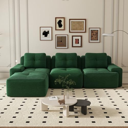 Sofá de esquina de 293 cm, sofá de 4 plazas en L, sofá modular comprimible Cloud con asiento profundo, sofá cómodo y combinable libremente para sala de estar, color cordón verde