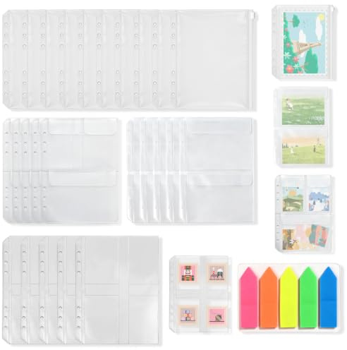 YinnFeen Bolsas de Carpeta de A5, 25 Piezas PVC Carpeta con Cremallera, 6 Agujeros Impermeables Fundas Transparentes con Pestañas Adhesivos para Carpeta 6 Anillas Tarjetas Fotos
