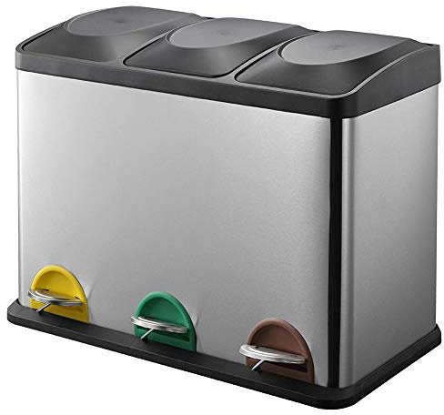 BAKAJI Pattumiera Raccolta Differenziata in Acciaio Inox e Plastica con Scomparti contenitore Bidone Spazzatura Estraibile con Apertura a Pedale per Casa Cucina e Esterno 3 x 15 Lt (45 Litri)