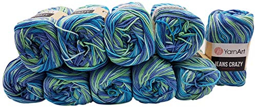 YarnArt Jeans Crazy Strickwollknäuel,10er-Packung, 50 g, aus 55% Baumwolle, 500 g Wolle mit mehrfarbigem Farbverlauf (Blau, Türkis, Kiwi 7204)