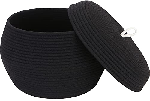 Sea Team Round Cotton Rope Storage Basket with Lid, Decorative Woven Storage Bin, Pot, Caddy, Organizer, Container for Snacks, Towels, Plants, 13 x 9 Inches (Large, Black)