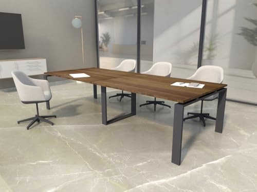 Mesa de 240x100 con Estructura metálica Marco Abierto Gris Grafito y Tablero melaminado Ideal para Sala de Juntas, reuniones, conferencias (Nogal)