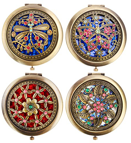 Rich Boxer 4 Pcs Vintage Foldable Mirror Metal Vanity Mirror Travel Mirror Makeup Mirror Pocket Mirror Double Sided Compact Cosmetic Mirror, Bronze, Random Style