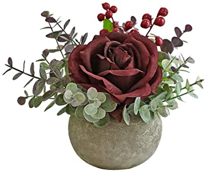 Rosscer Small Artificial Burgundy Rose Potted Plant, Mini Faux Floral Decor