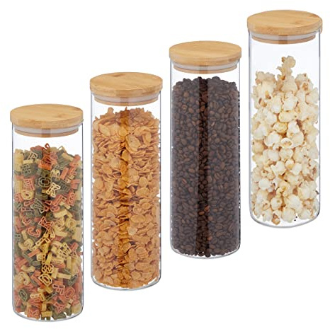 Relaxdays Botes Cristal 1600 ml, Set 4, Recipientes Cocina Grandes, Tapa Bambú, Tarros Herméticos, Transparente/Natural