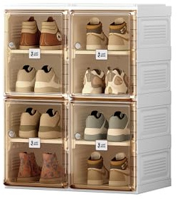ANTBOX Shoe Organizer Storage Box, Portable Folding Shoe Rack For Closet With Magnetic Clear Door,Large Sneaker Cabinet Bins All-in-one Sturdy Easy Assembly 4 Layers-8 Grids