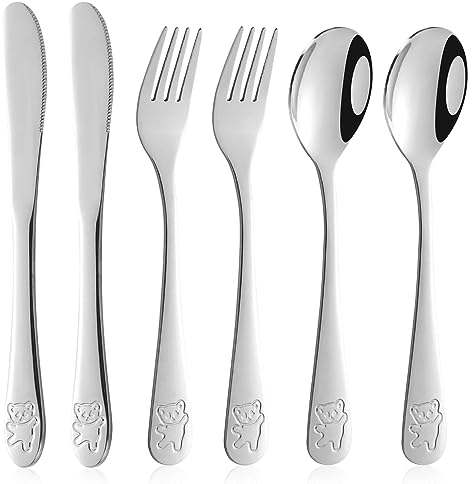 AYEUPZ Vajilla infantil de acero inoxidable, 6 piezas de cubertería infantil, 2 juegos de tenedores, cuchillos, cucharas con bonitos diseños de osos, regalos infantiles, para niños a partir de 3 años,