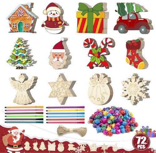 Vyntra Holzanhänger Weihnachten zum Bemalen,72 PCS Basteln Weihnachten Kinder Christbaumschmuck Holz Weihnachtsdeko Basteln für Kinder Kleinkind DIY Handwerk Weihnachtsbaum Hängende Dekoration