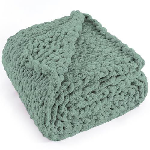 Long Create Kraftig stickad filt, 152 x 203 cm, 100 % handgjord med mjukt chenille-garn, 3 kg tjocka kabelstickade filtar, stora rep, knutvirkade överkast för bäddsoffa, heminredning, salviagrön
