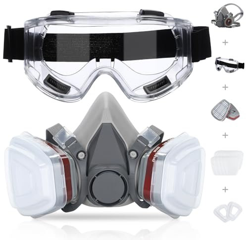 Half Face Respirator Mask Cover, Reusable Paint Dust Mask with 10 Replaceable Filters and Anti-Fog Goggle, Safety Organic Vapor Cover for Spray Painting, Sanding, Epoxy Resin, Formaldehyde