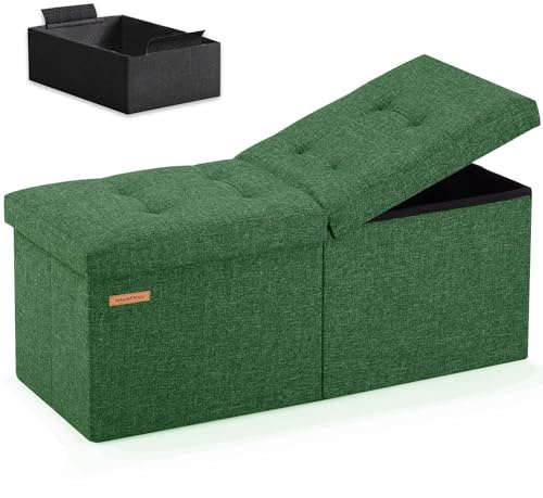 HAUSFRAU 31.5 Inches Ottoman with Storage Bench, Folding Ottoman Bench Small Foot Rest Stool, Bedroom Bench with Flipping Lid, Linen Green