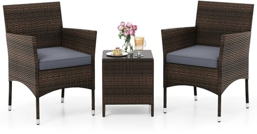 COSTWAY 3-Piece Patio Bistro Set, PE Rattan Furniture Set with Soft Cushions & Tempered Glass Top Table, Outdoor Furniture Wicker Conservatory Set for Patio, Balcony (Mix Brown+Grey, 57 x 57 x 82cm)