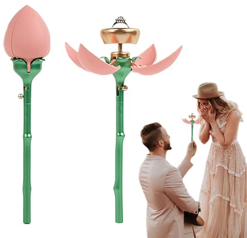 Glugahrif Caja de anillo de compromiso de flores, caja de anillos de flores para propuesta, maletín de flores con STEM, organizador de almacenamiento joyero, Push Up Automatic Open Ohrrings Student