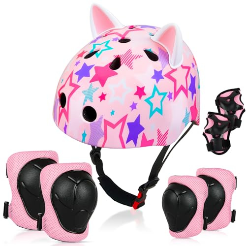Kids Bike Helmet 8-14 with Knee Pads Elbow Pads Wrist Guards Adjustable Bike Helmet for Youth Girls with Cat Ears Skateboard Helmet for Skateboard Skating