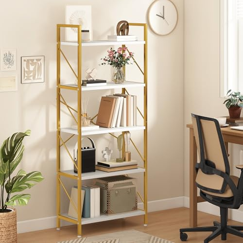 DWVO 5 Tiers Book Shelf, Wood and Metal Bookcase Storage Organizer, Industrial Bookshelf Tall Shelving Unit Display Rack for Living Room Kitchen Bedroom, Gold and White Book Rack
