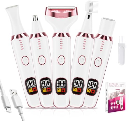 Tuocal Electric Lady Shaver for Women, 5-in-1 Wet and Dry Bikini Trimmer, Rechargeable Facial Hair Trimmer, Advanced Pain-Free Electric Razor for Bikini Line Face Legs Underarm Nose and Eyebrow