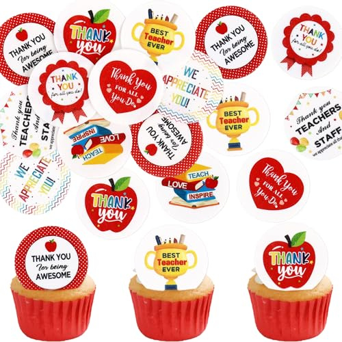 Blumomon 48Pcs Pre-Cut Edible Thank You Teacher Cupcake Toppers Thank You Cupcake Decoration Picks for Birthday Anniversary Thanksgiving Teachers Cake Decoration Supplies