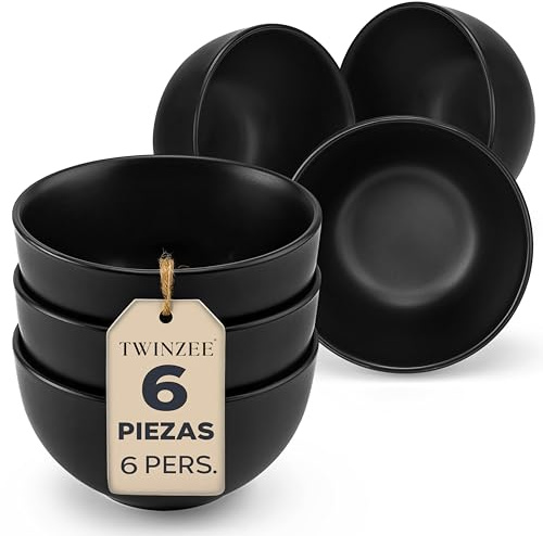 Twinzee Juego de 6 Tazones para Cereal, 6 Personas - Juego de Vajillas Completas de Gres, Aptos Microondas - Elegantes Platos Negro - Colección Ebony