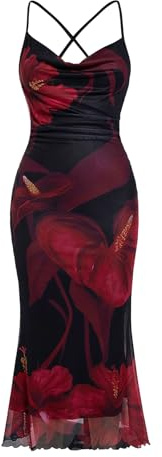 SOLY HUX Women's Floral Mesh Bodycon Cami Dress Cowl Neck Sleeveless Cocktail Party Wedding Guest Long Maxi Dresses Red Floral Print Medium