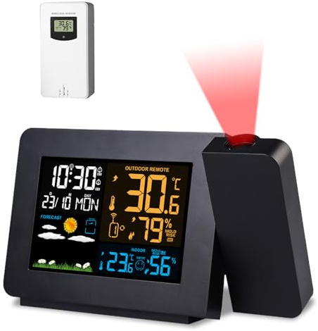 Moclever Projection Alarm Clock Weather Station,Atomic Projector Clock with WWVB Function for Bedroom,Dual Alarms Snooze Night Light Indoor Outdoor Temperature Humidity Monitor Gauge Hygrometer
