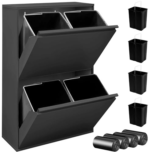 JUPPLIES Cubo de Basura Cocina Reciclaje de Acero con 4 Compartimentos | 4x17 (68L) | Mueble Contenedor de Reciclaje Metálico con 2 Cajones Abatibles para Casa u Oficina | 90,5x58,5x52cm (Negro)
