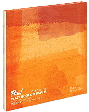 Fluid Watercolor Paper Block, 8 x 8 inches, 15 Sheets, 140 lb (300 GSM) Cold Press Pad for Artist Painting and Wet Media