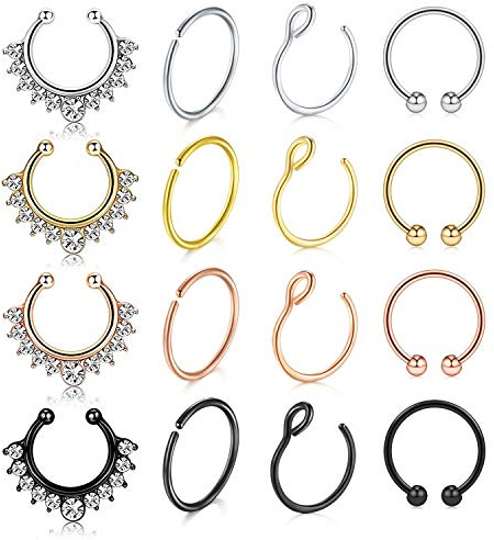 incaton Septum Falso 16Pzs Acero Inoxidable Piercing Falsos Septum Fake Nose Ring Clip No Perforado Piercing Nariz Falso Aro