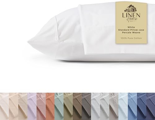 Linen Home 100% Cotton Percale Pillowcases Queen Size, White, 2 Pieces of Pillow Case, Crisp and Cool Strong Bed Linen, 20 inches X 30 inches